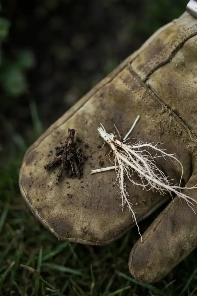 Washed grass roots compared in a worn garden mitt: stubby dark roots versus healthy white ones.