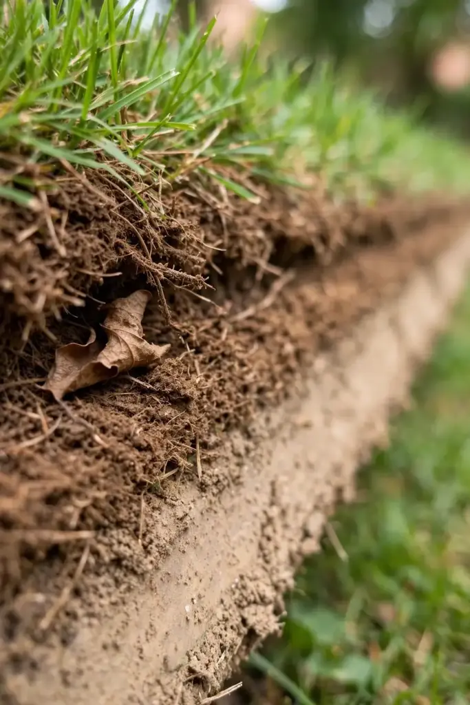 Thick spongy thatch layer exposed at the edge of a lawn, a nematode refuge.