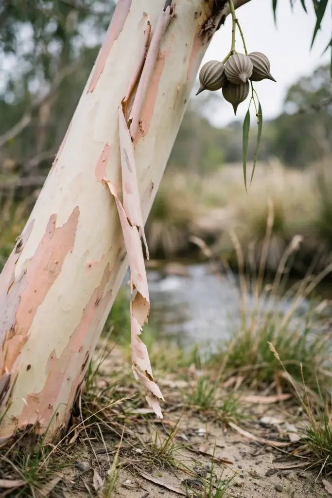 River Red Gum trunk with smooth cream bark and clustered gum nuts