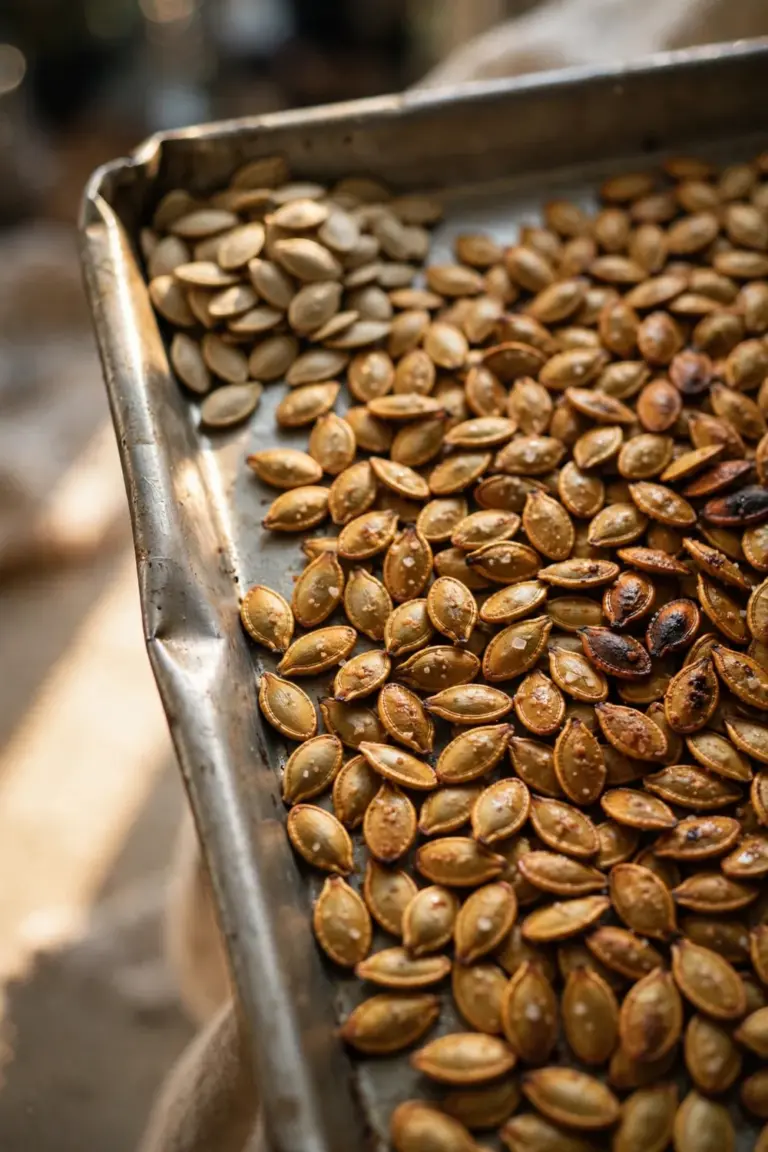 Roasted salted pumpkin seeds spread in a single layer on a sheet pan, golden and crisp