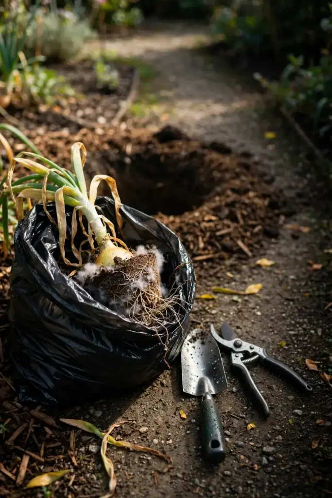 Pulled allium plant in a trash bag beside a trowel and shears.
