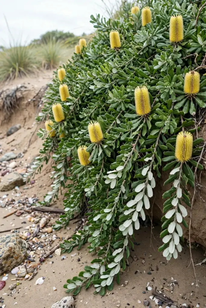 Cascading roller coaster banksia groundcover with yellow spikes over a sandy bank