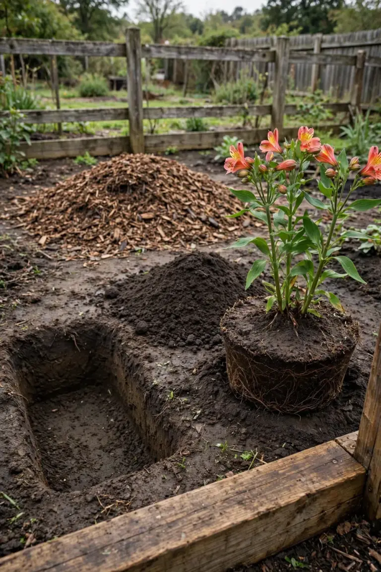 Pot-grown alstroemeria root ball beside an open planting hole in a garden bed