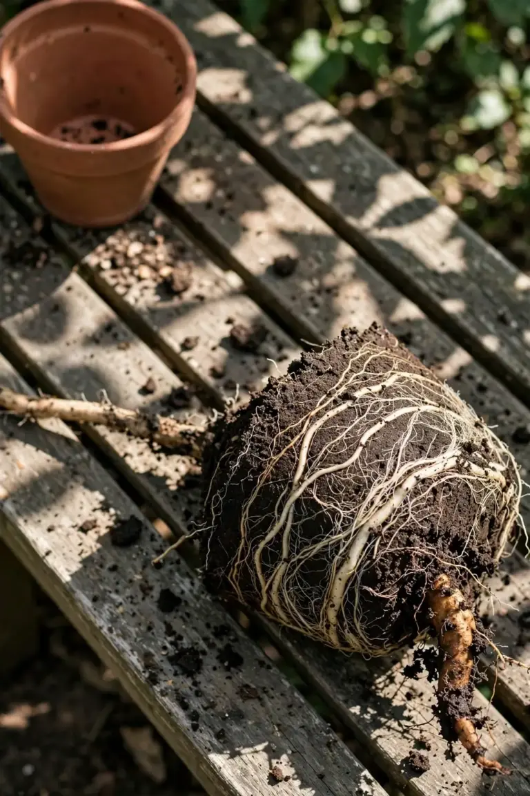 Root ball with circling roots beside a pot