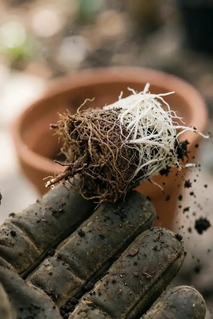 Root ball in a gloved hand showing brown rotted and white healthy roots.