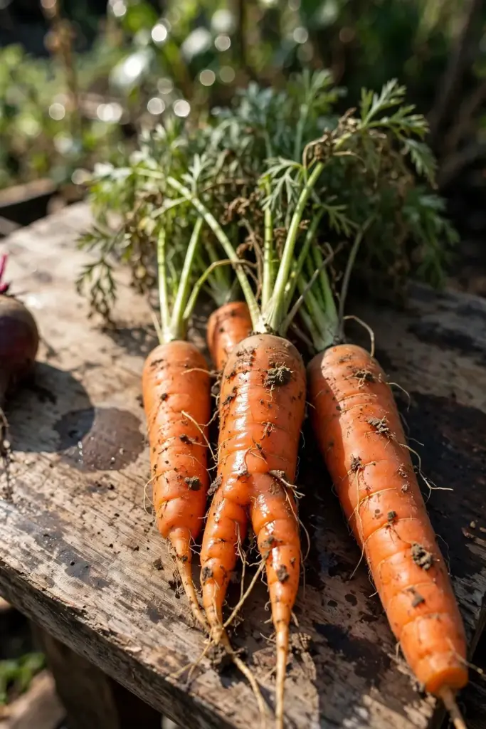 Freshly pulled carrots with soil on a wooden board