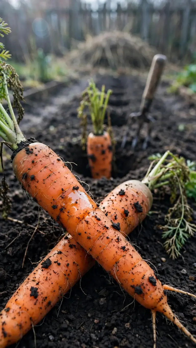 Freshly pulled carrots with soil crumbs and feathery tops