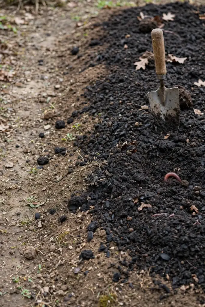 Bed top-dressed with dark compost showing earthworm castings