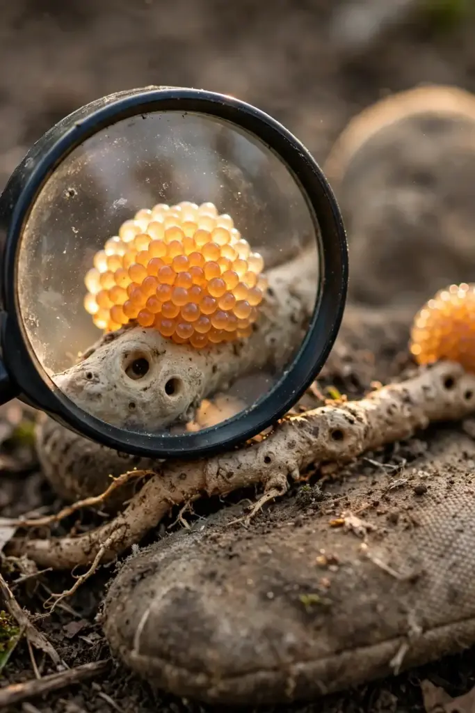 Magnifying glass over an amber egg mass on a galled root in a worn garden mitt