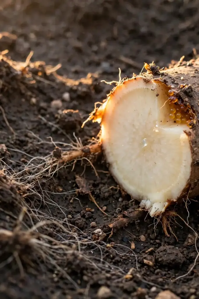 Sliced gall showing solid pale interior tissue on dark soil