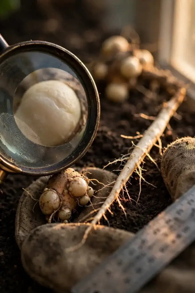 Magnifying glass enlarging a root gall held in a worn garden mitt