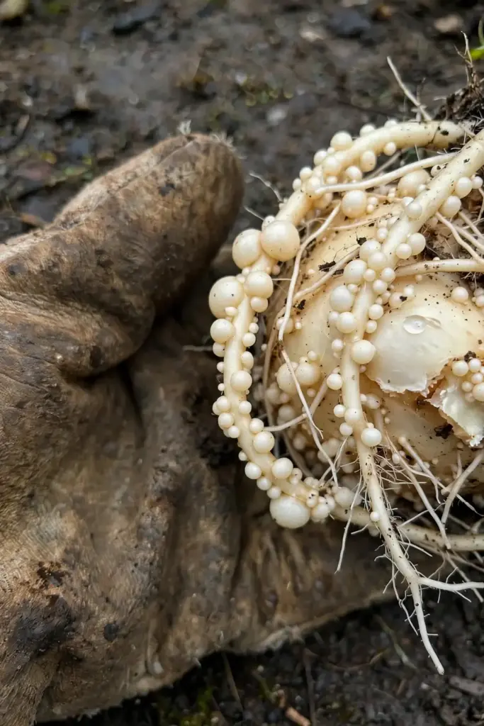 Rinsed tomato roots with bead-like galls held in a worn garden mitt