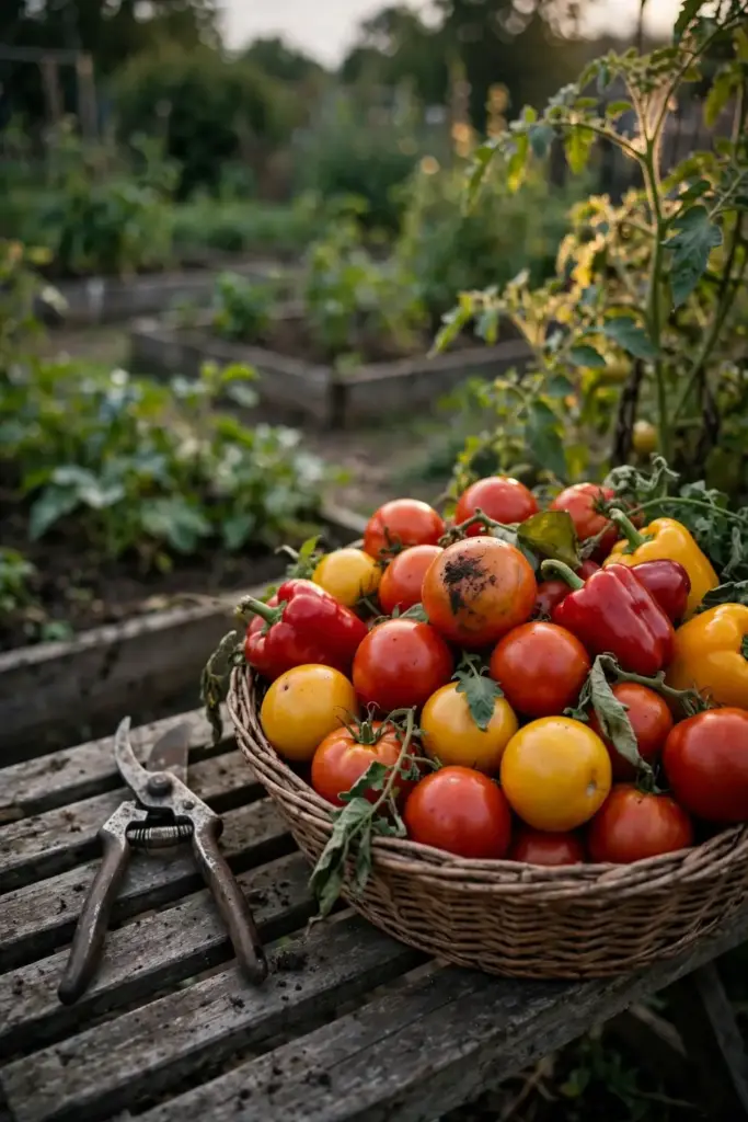 Harvest basket of tomatoes and peppers with productive beds behind