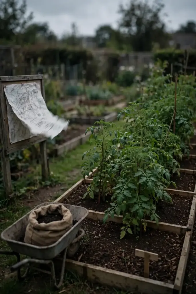 Managed home vegetable garden with tidy mulched rows mid-season