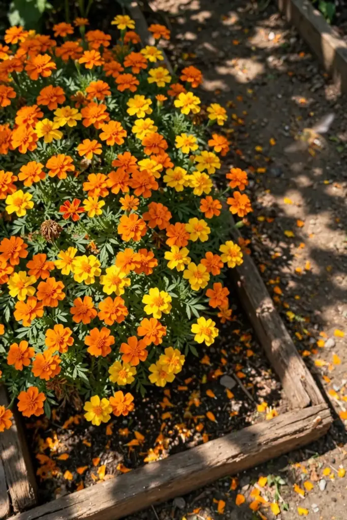 Dense solid block of French marigolds in full bloom