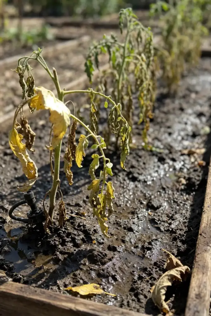 Stunted wilting tomato plants in moist soil at midday
