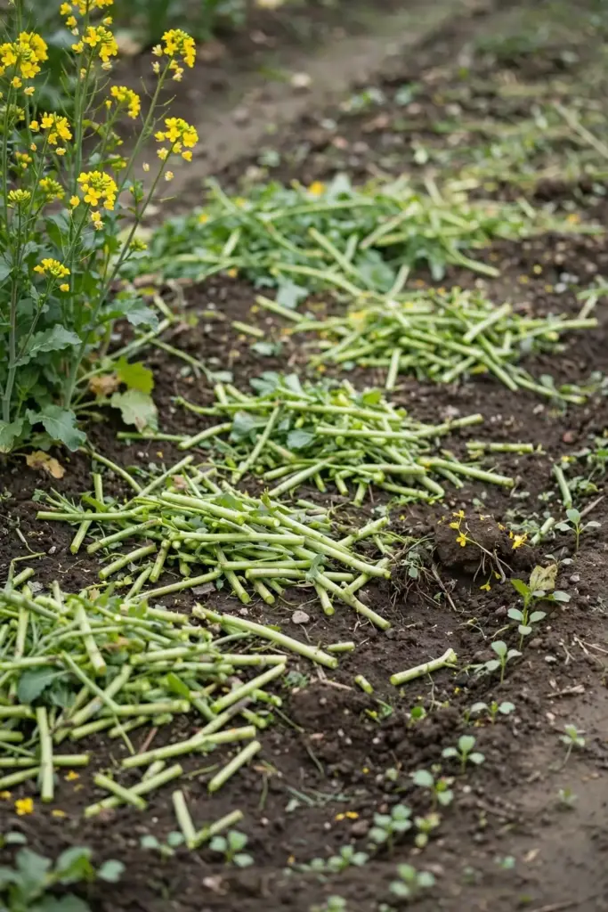 Flowering mustard cover crop chopped and lying on bed soil