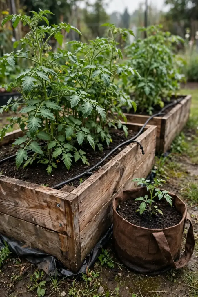 Cedar raised beds with thriving tomatoes in fresh mix