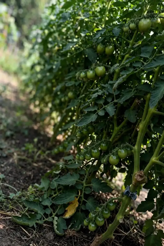 Vigorous tomato row with a grafting clip at the stem base