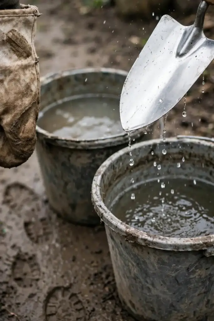 Worn garden mitt holding a freshly washed trowel dripping over a bucket