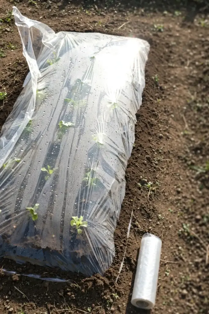 Vegetable bed sealed under clear plastic for soil solarization