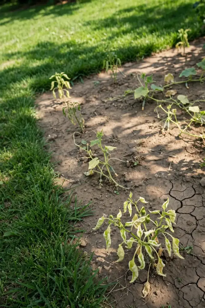 Struggling pepper and cucumber plants beside a vigorous grass strip