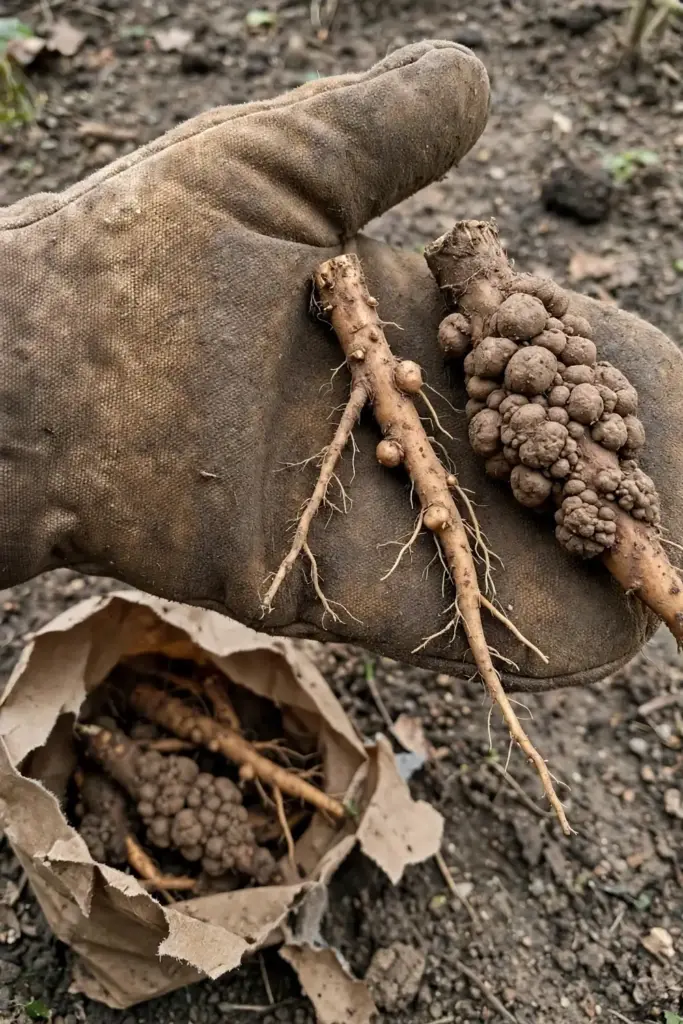 Two root samples in a worn garden mitt showing light versus heavy galling