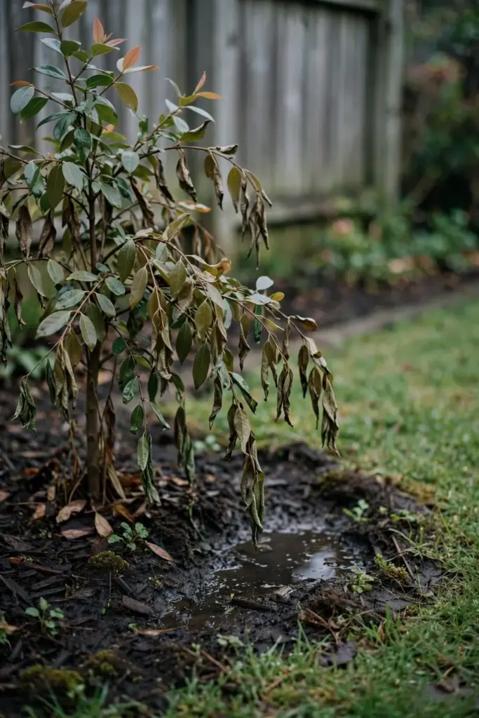 Wilting lilly pilly in wet soil with a sour-smelling root zone