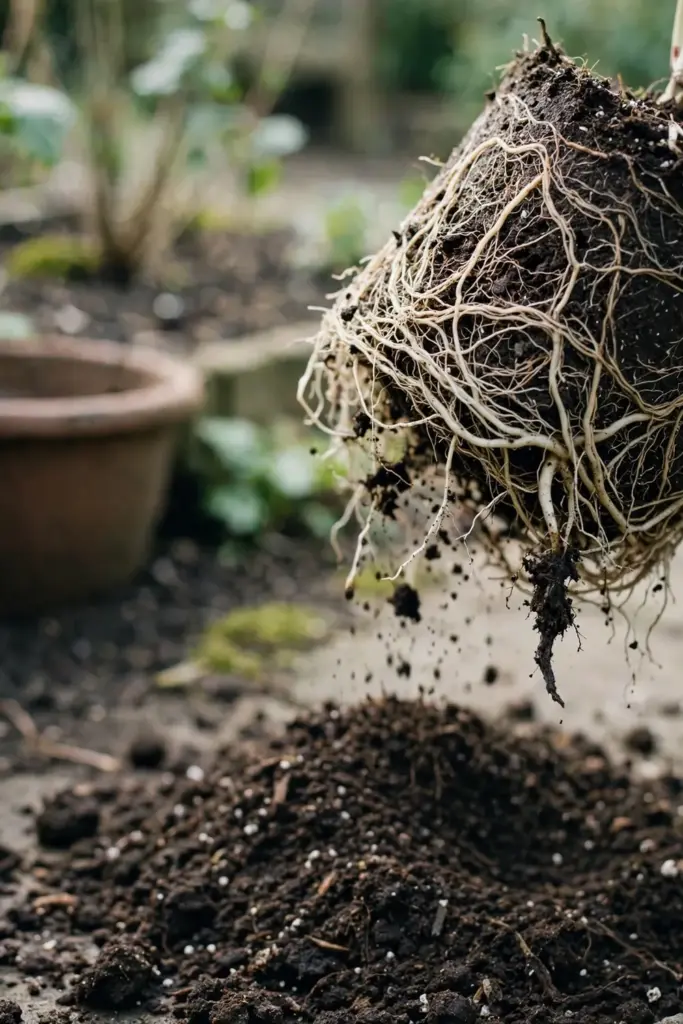 Root ball with pale roots lifted from a pot above fresh mix