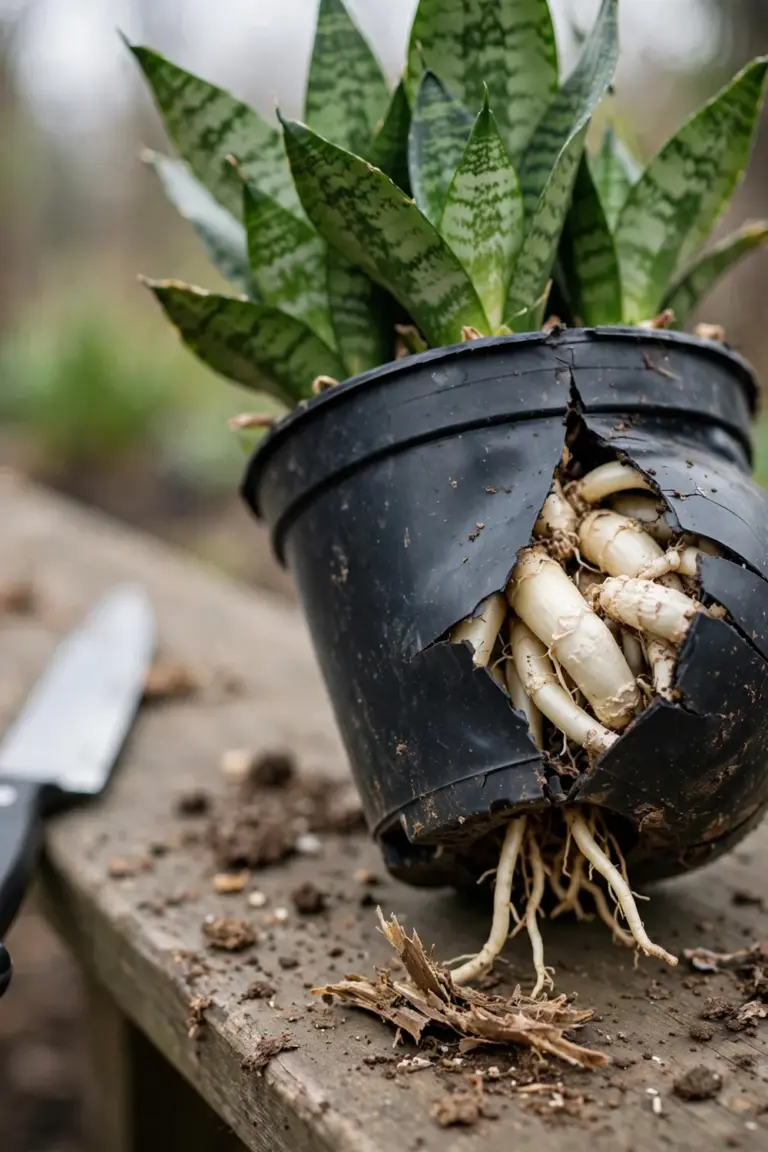 Snake plant rhizomes pressing against a bulging nursery pot