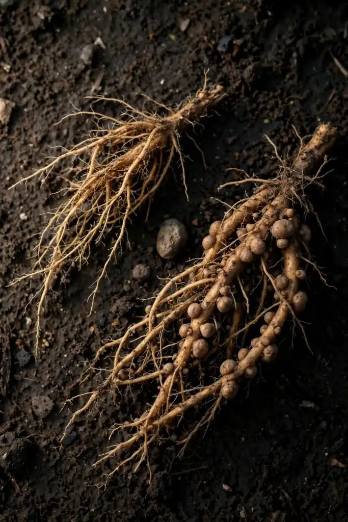 Two washed root masses side by side, one short and gall-free, one knotted with galls.
