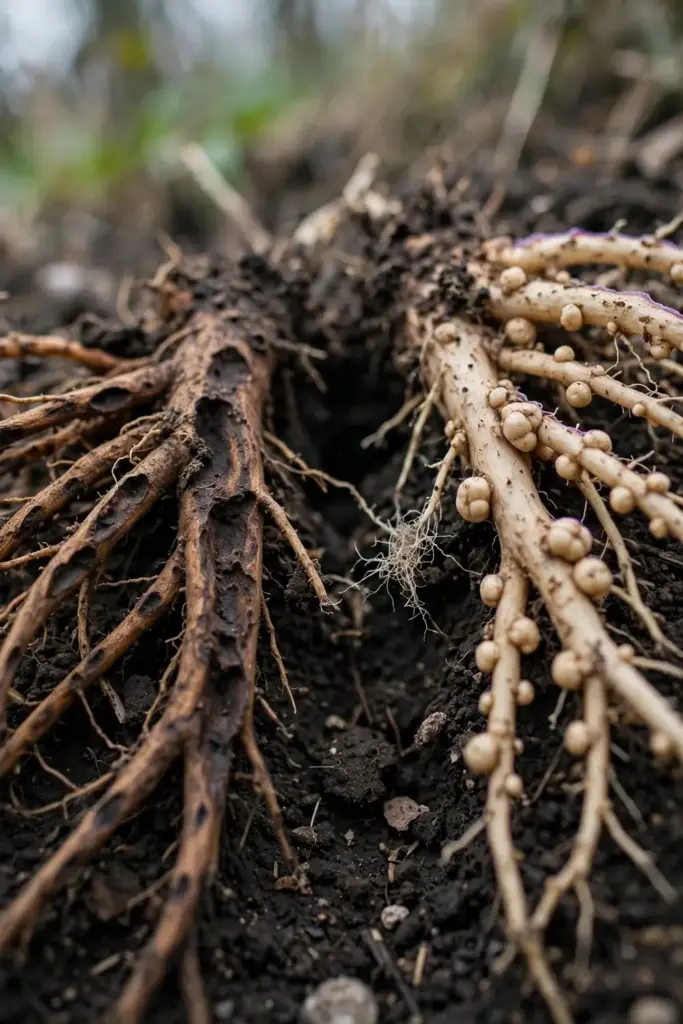 Two washed root masses side by side, lesioned roots beside galled roots.
