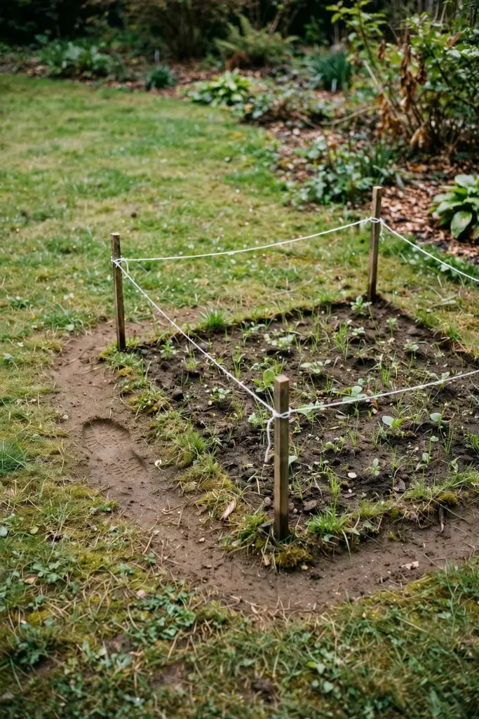 Roped-off lawn repair patch with string stakes and fresh seedlings