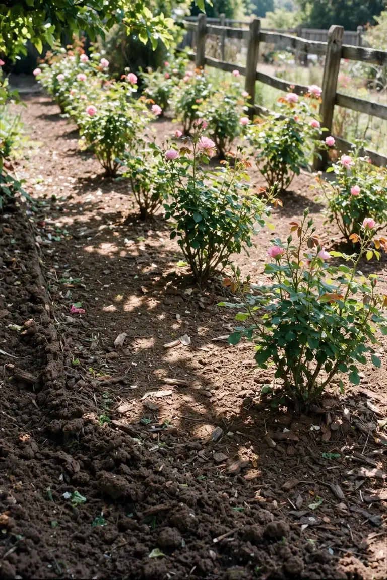 Wide rose bed in morning sun with spaced bushes, mulch, and open air between plants