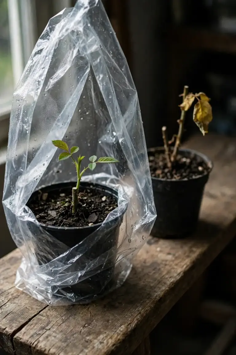 Rose cutting in a small pot under a clear bag with new leaves forming