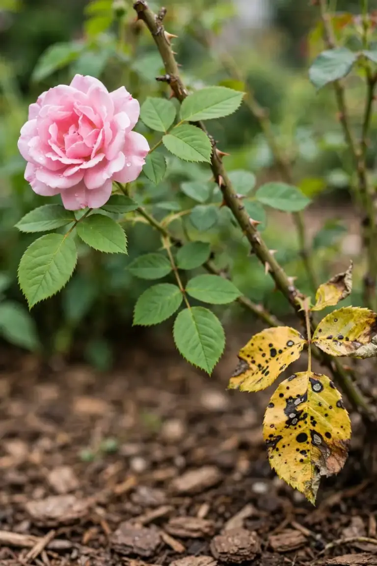 Rose bush with one healthy bloom and one spotted leaf side by side