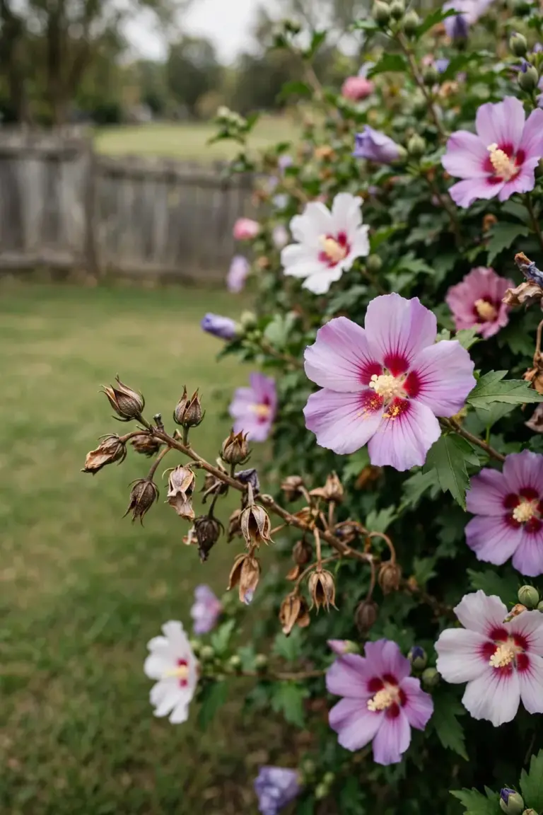 Flowering rose of Sharon hedge in full summer bloom with white pink and lavender flowers