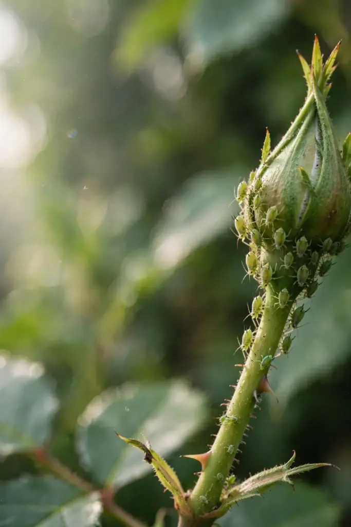 Aphid cluster on a rose bud and tender stem in macro detail