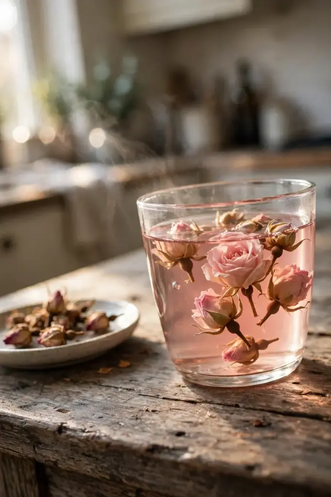 Glass cup of rose tea with dried buds unfurling beside a dish of buds