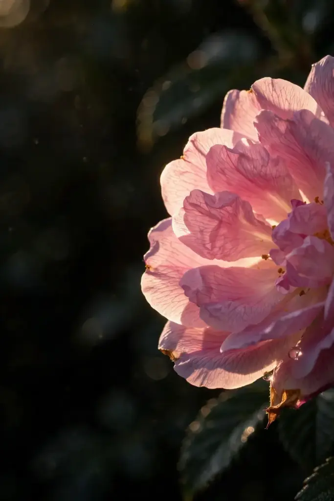 Backlit damask rose bloom macro showing layered fragrant petals