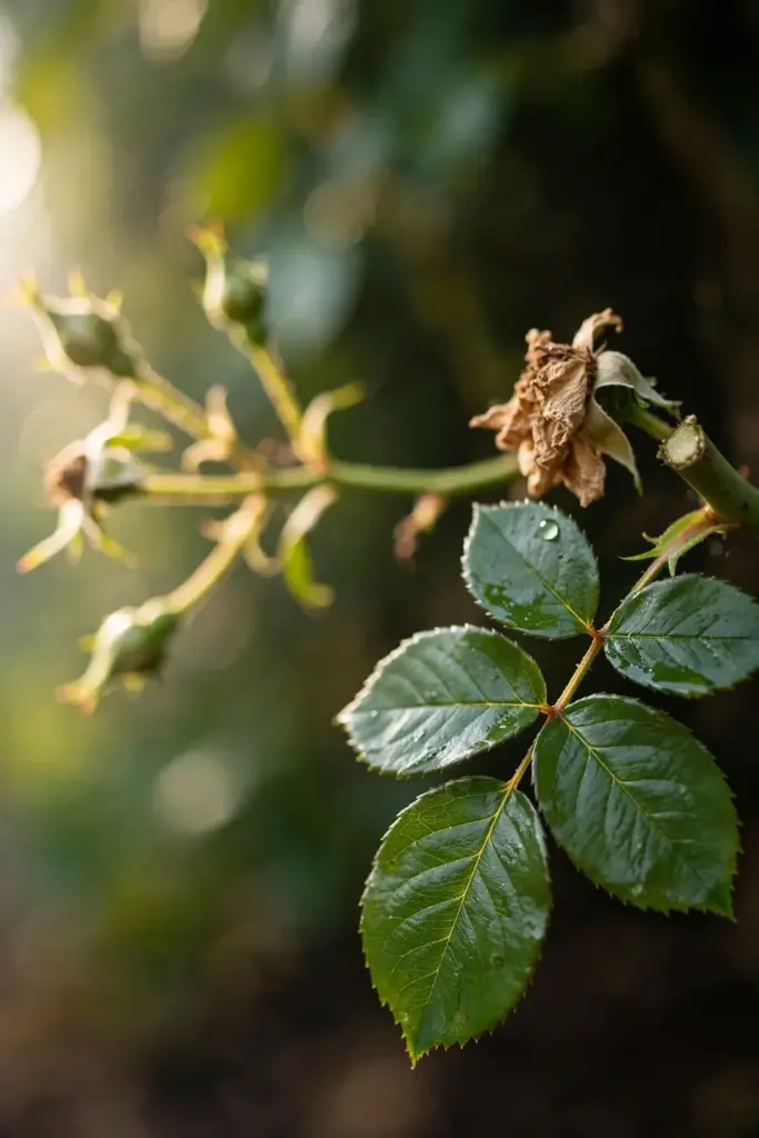 Freshly deadheaded rose stem cut above a five-leaflet leaf