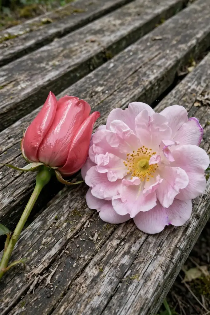 Hybrid tea rose bud beside an open fragrant damask rose on a wooden bench