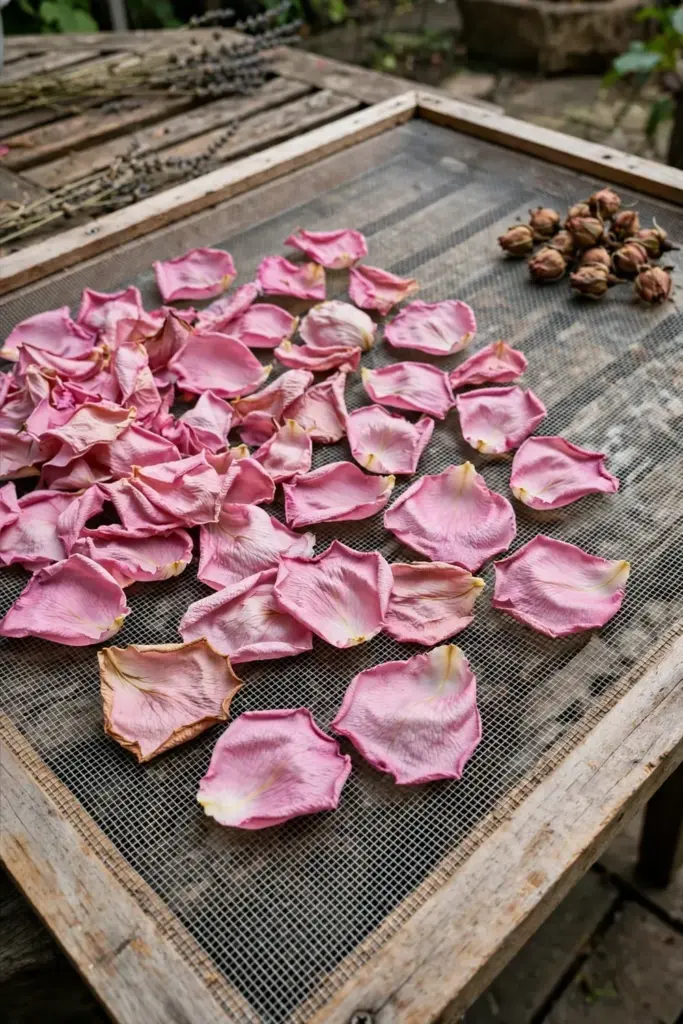Rose petals drying in a single layer on a mesh screen