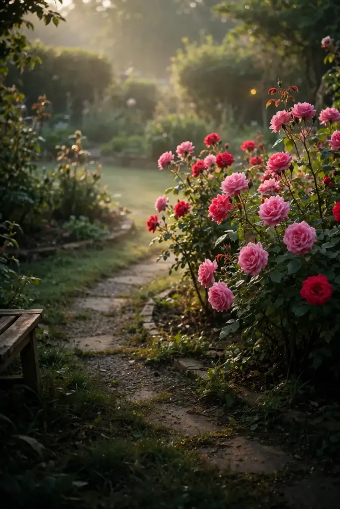 Home garden with blooming rose shrubs along a path at morning