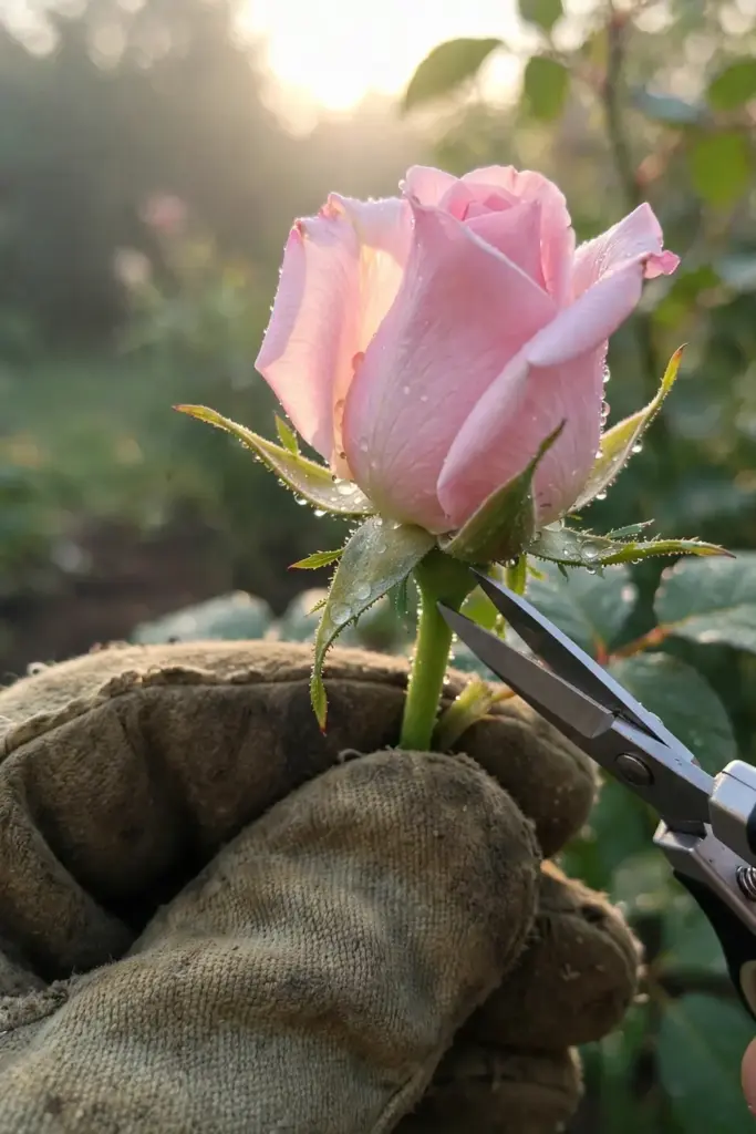 Just-opening rose bud being snipped with scissors in morning light