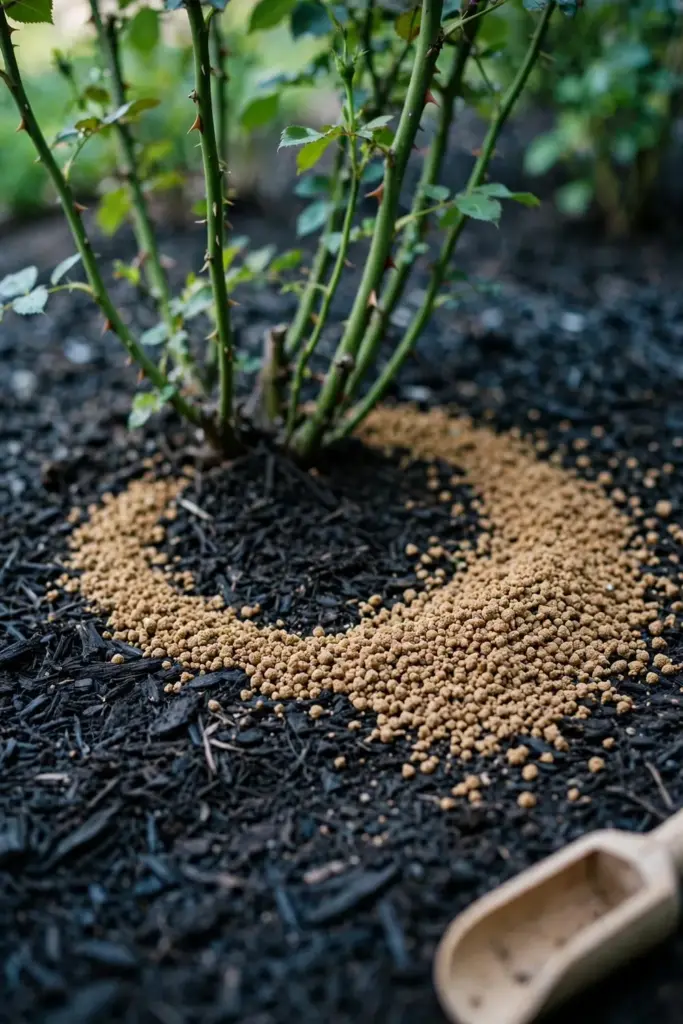 Organic fertilizer granules ringed around a rose shrub on dark mulch