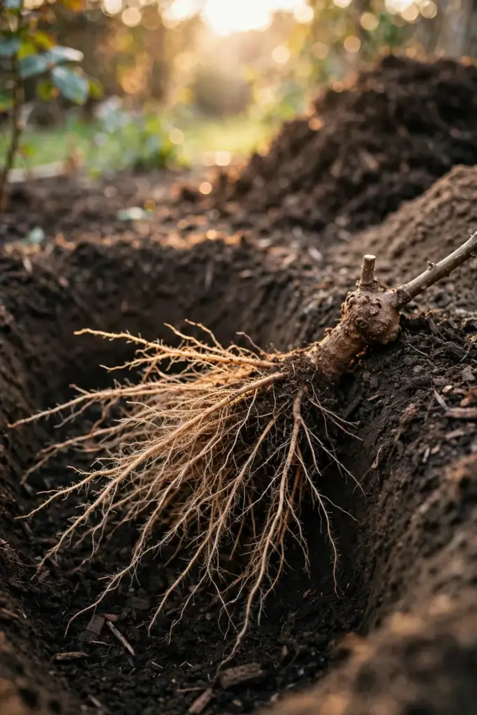 Bare-root rose positioned in a wide hole with compost-amended soil