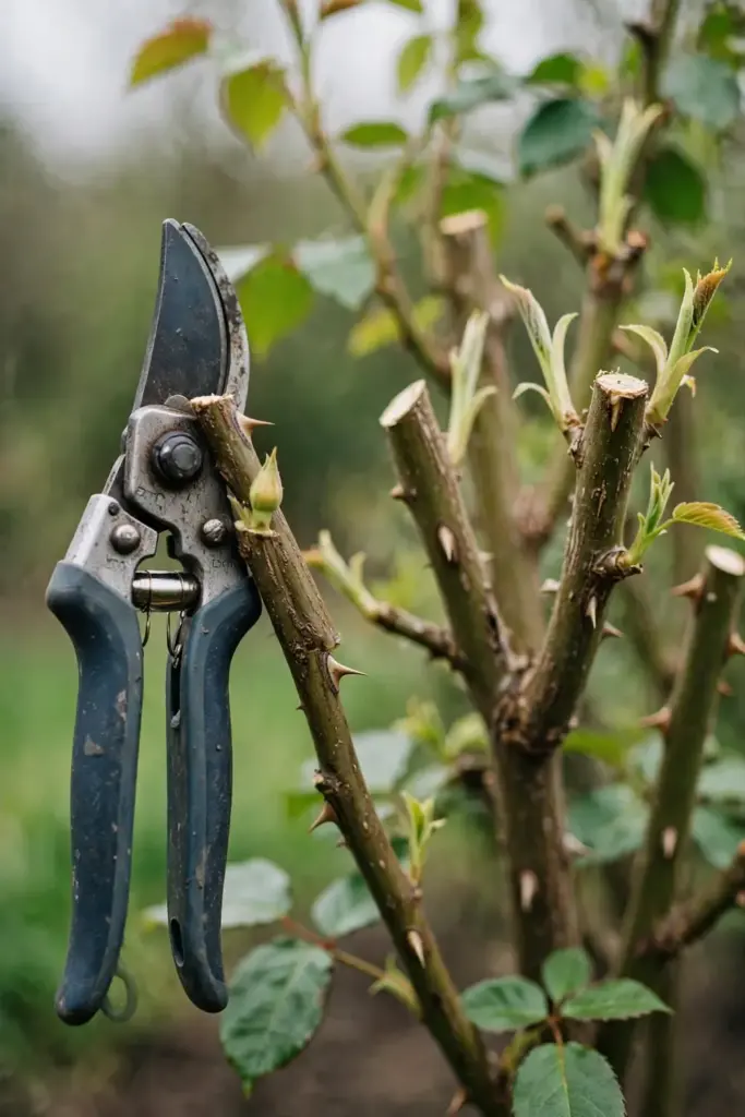 Pruning shears cutting a rose cane just above an outward bud