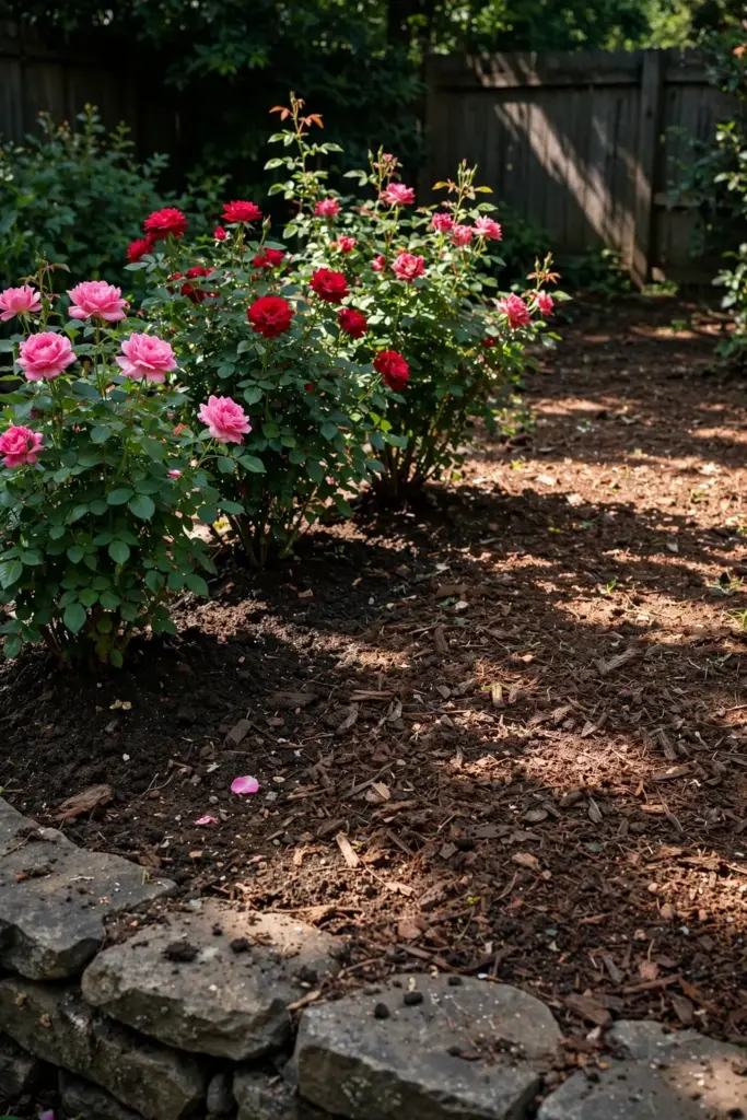 Sunny rose bed with blooming shrubs in mulched, amended soil