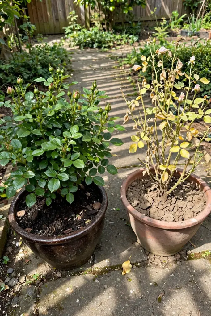 Thriving potted rose beside a struggling one on a garden path